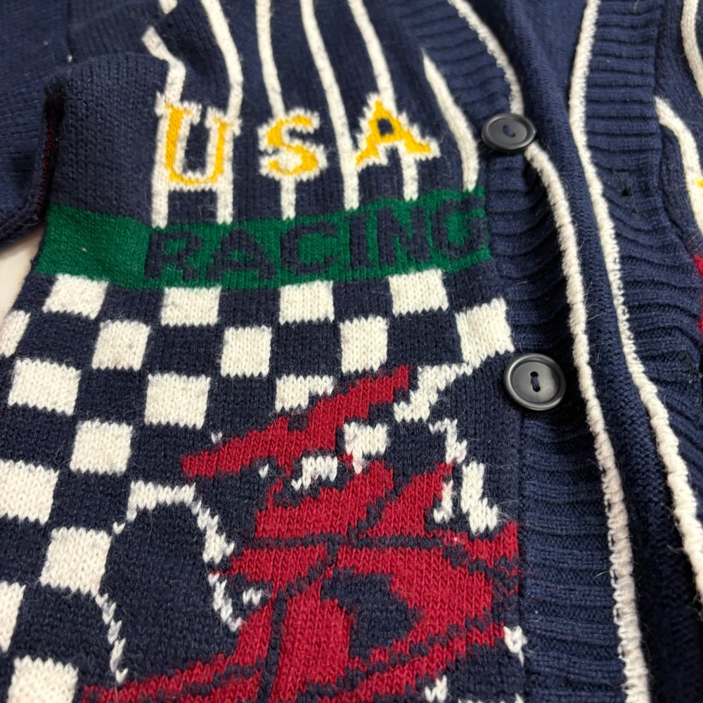 Hot Cashews Kids USA Racing Team Cardigan Sweater Navy Blue Checkered Size 4/5 - Picture 4 of 7